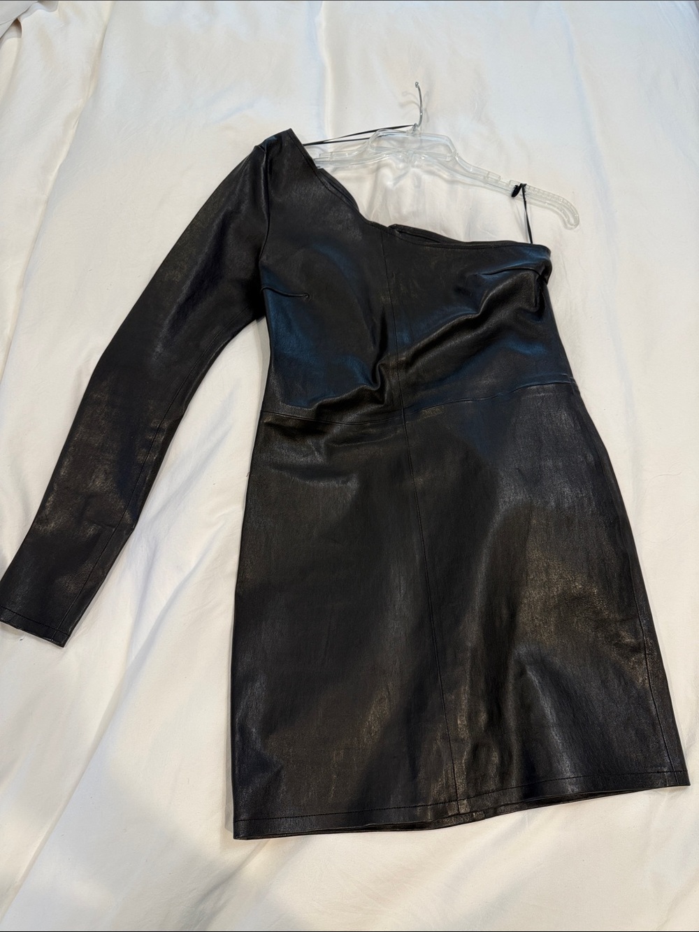 RtA Black One-Shoulder Faux Leather Mini with Long Sleeve